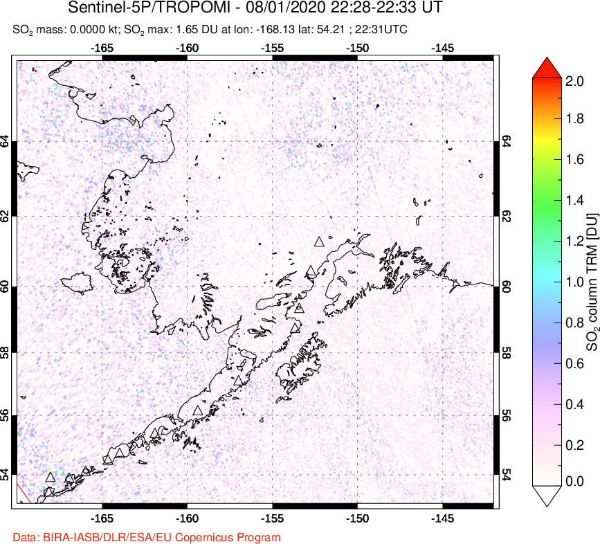 A sulfur dioxide image over Alaska, USA on Aug 01, 2020.
