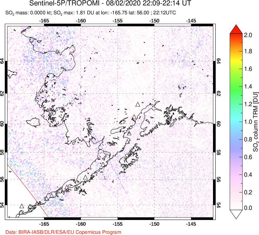 A sulfur dioxide image over Alaska, USA on Aug 02, 2020.