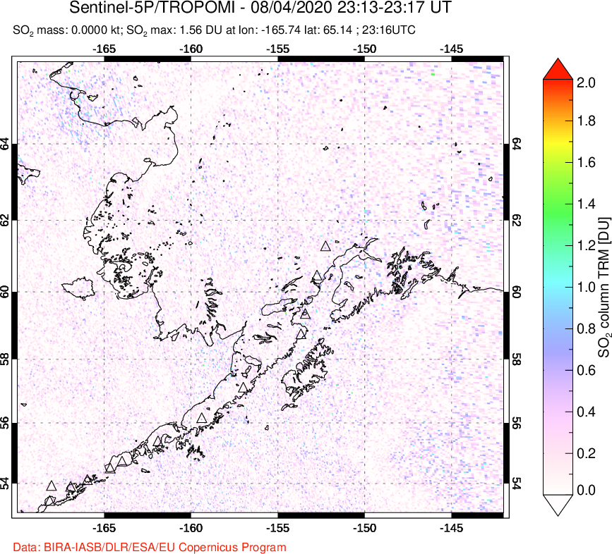 A sulfur dioxide image over Alaska, USA on Aug 04, 2020.