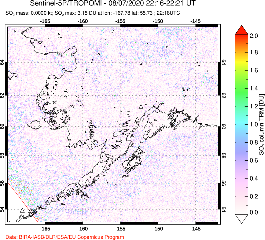 A sulfur dioxide image over Alaska, USA on Aug 07, 2020.