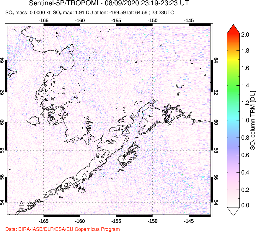 A sulfur dioxide image over Alaska, USA on Aug 09, 2020.