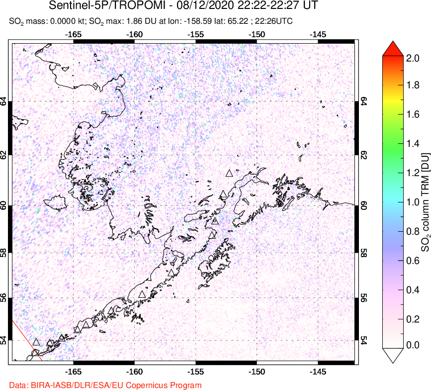 A sulfur dioxide image over Alaska, USA on Aug 12, 2020.