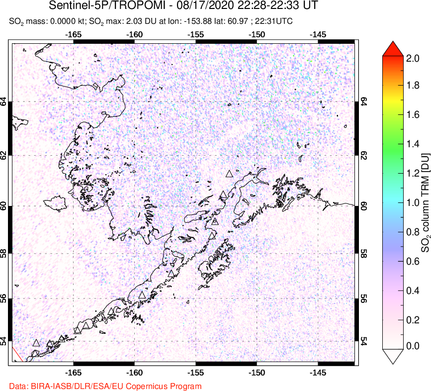 A sulfur dioxide image over Alaska, USA on Aug 17, 2020.