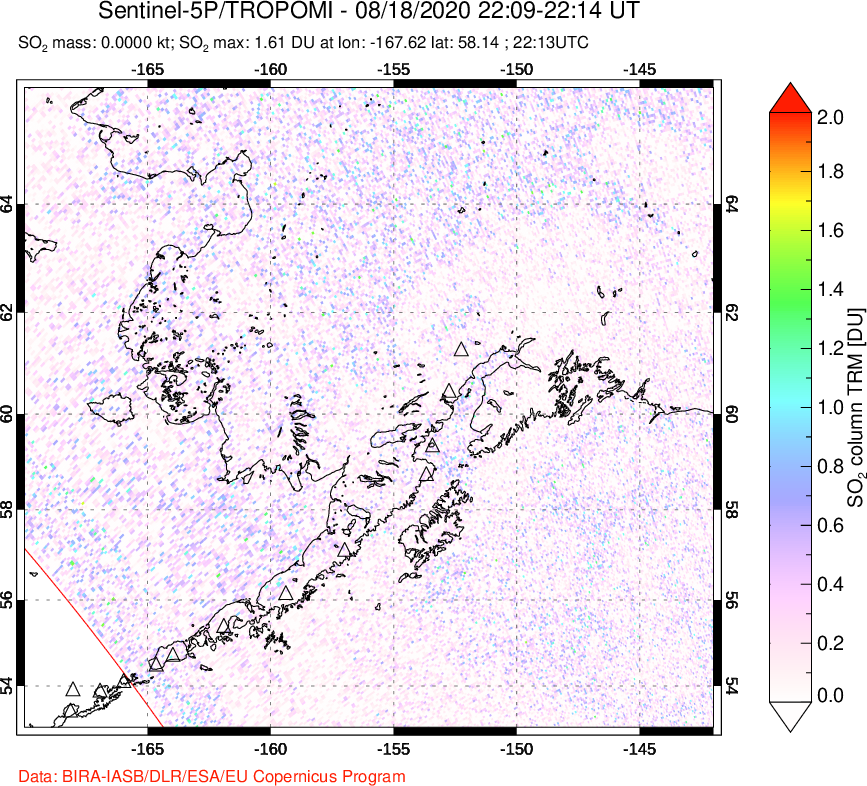 A sulfur dioxide image over Alaska, USA on Aug 18, 2020.