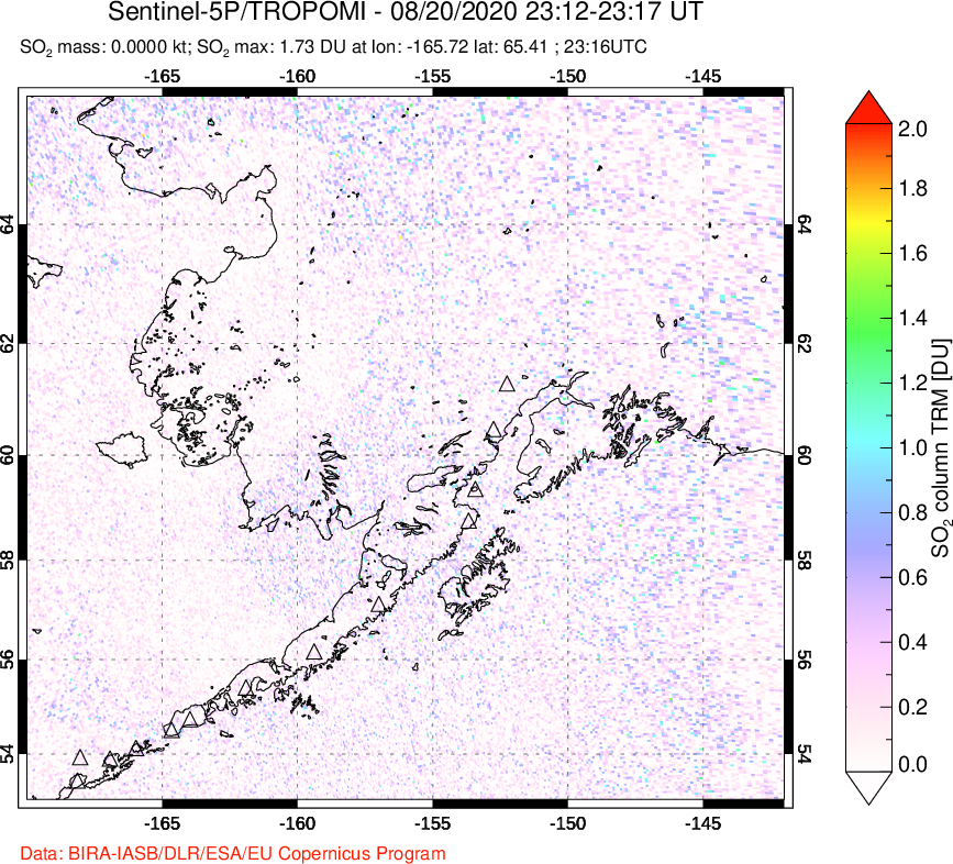 A sulfur dioxide image over Alaska, USA on Aug 20, 2020.