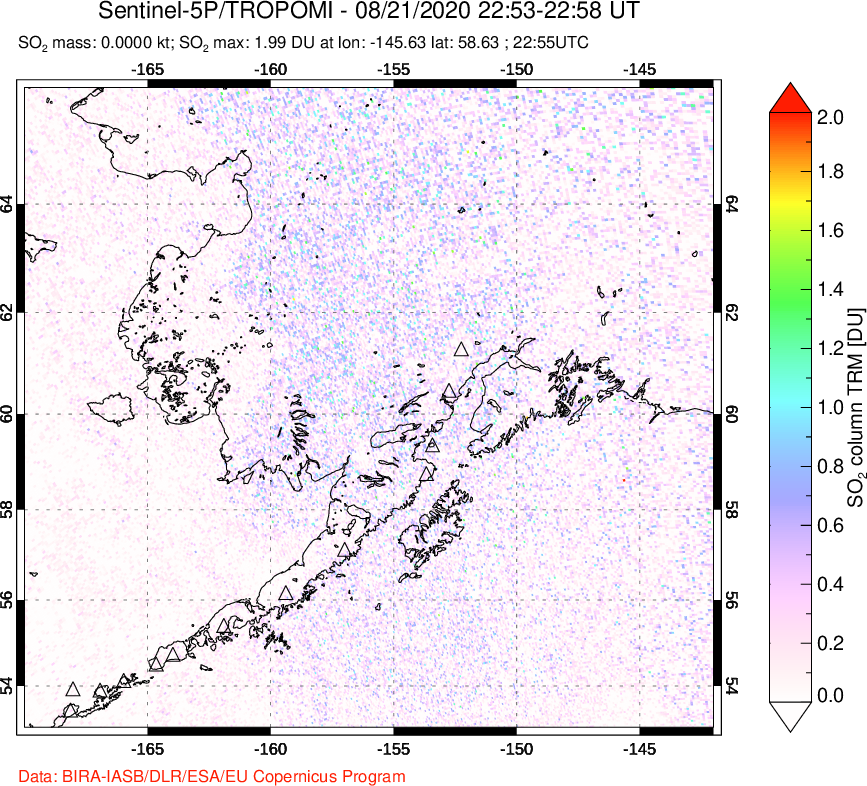A sulfur dioxide image over Alaska, USA on Aug 21, 2020.