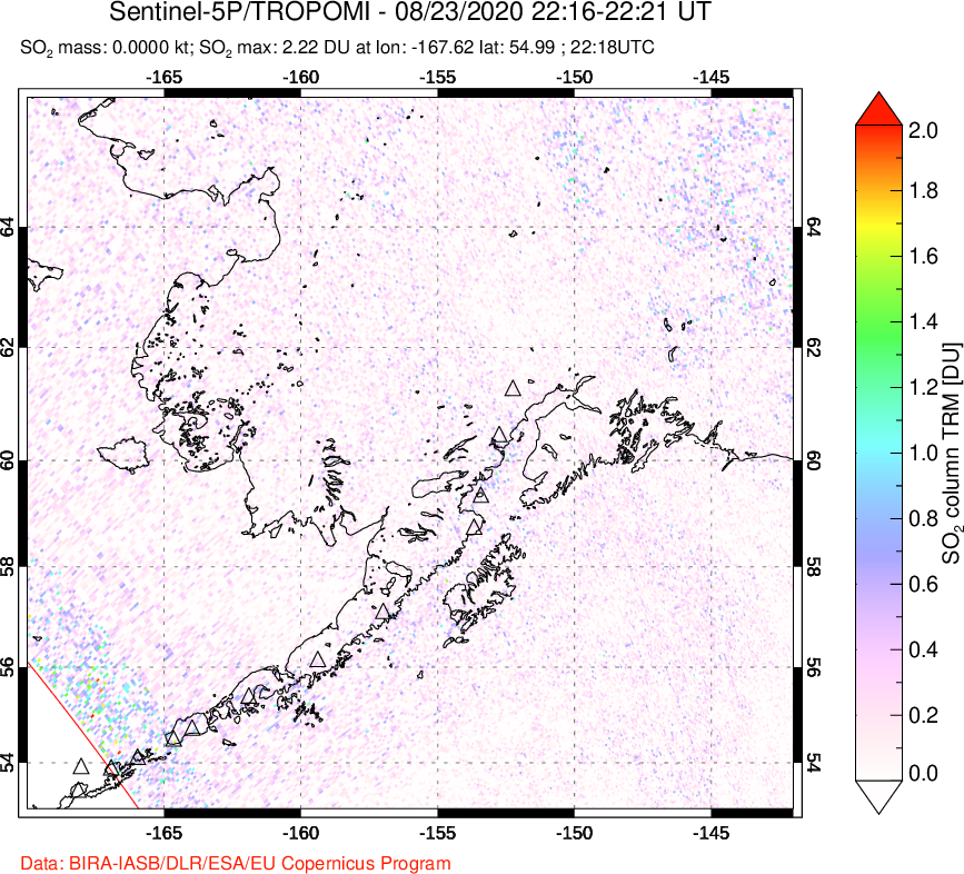 A sulfur dioxide image over Alaska, USA on Aug 23, 2020.