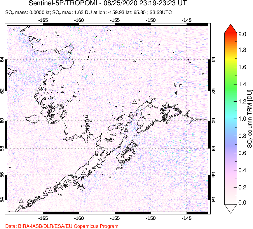 A sulfur dioxide image over Alaska, USA on Aug 25, 2020.