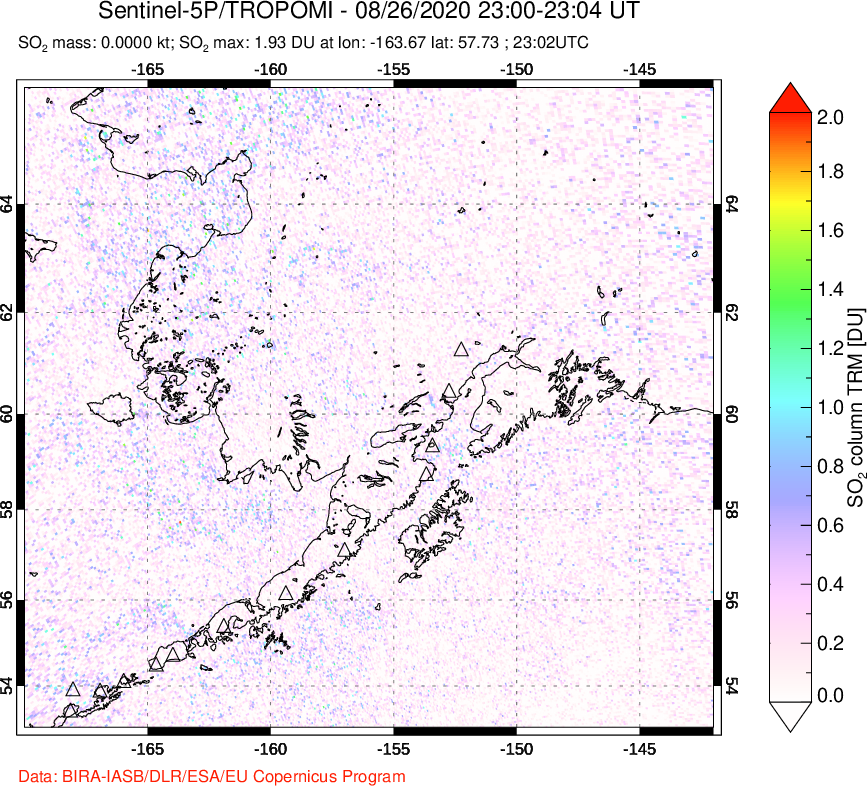 A sulfur dioxide image over Alaska, USA on Aug 26, 2020.