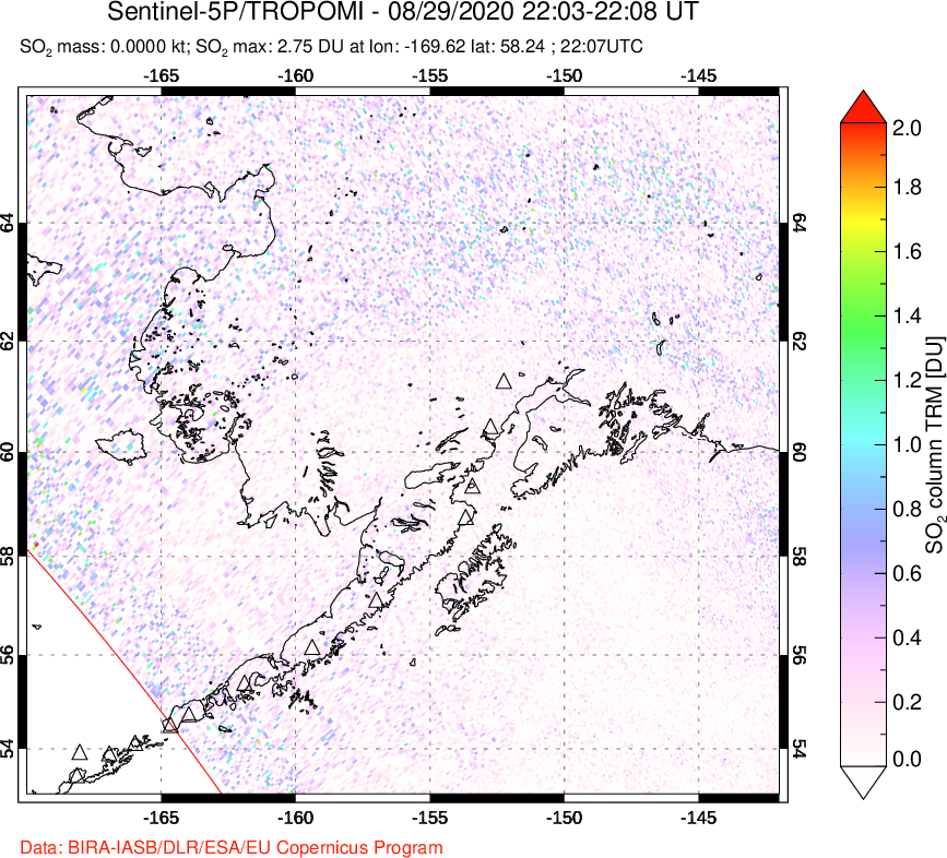 A sulfur dioxide image over Alaska, USA on Aug 29, 2020.