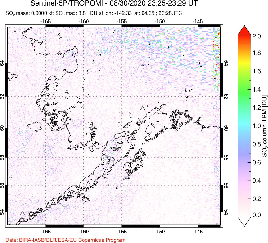A sulfur dioxide image over Alaska, USA on Aug 30, 2020.