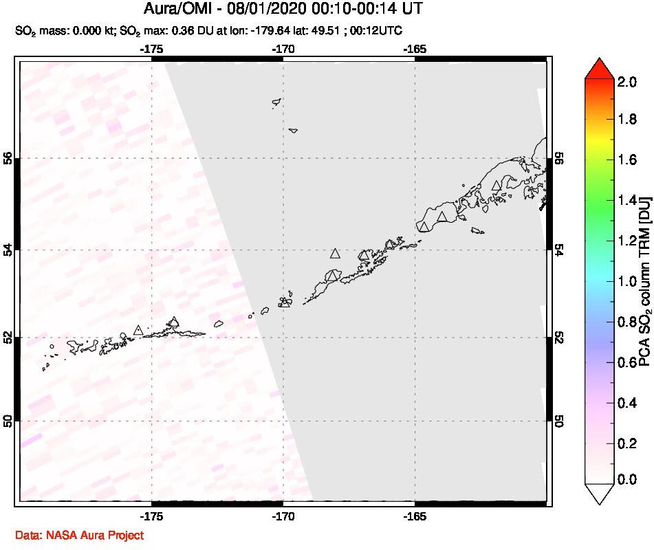 A sulfur dioxide image over Aleutian Islands, Alaska, USA on Aug 01, 2020.