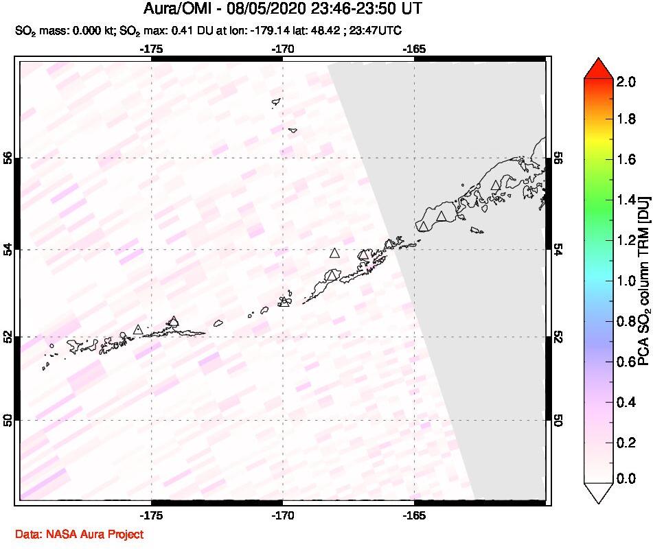 A sulfur dioxide image over Aleutian Islands, Alaska, USA on Aug 05, 2020.