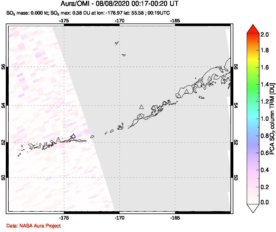 A sulfur dioxide image over Aleutian Islands, Alaska, USA on Aug 08, 2020.
