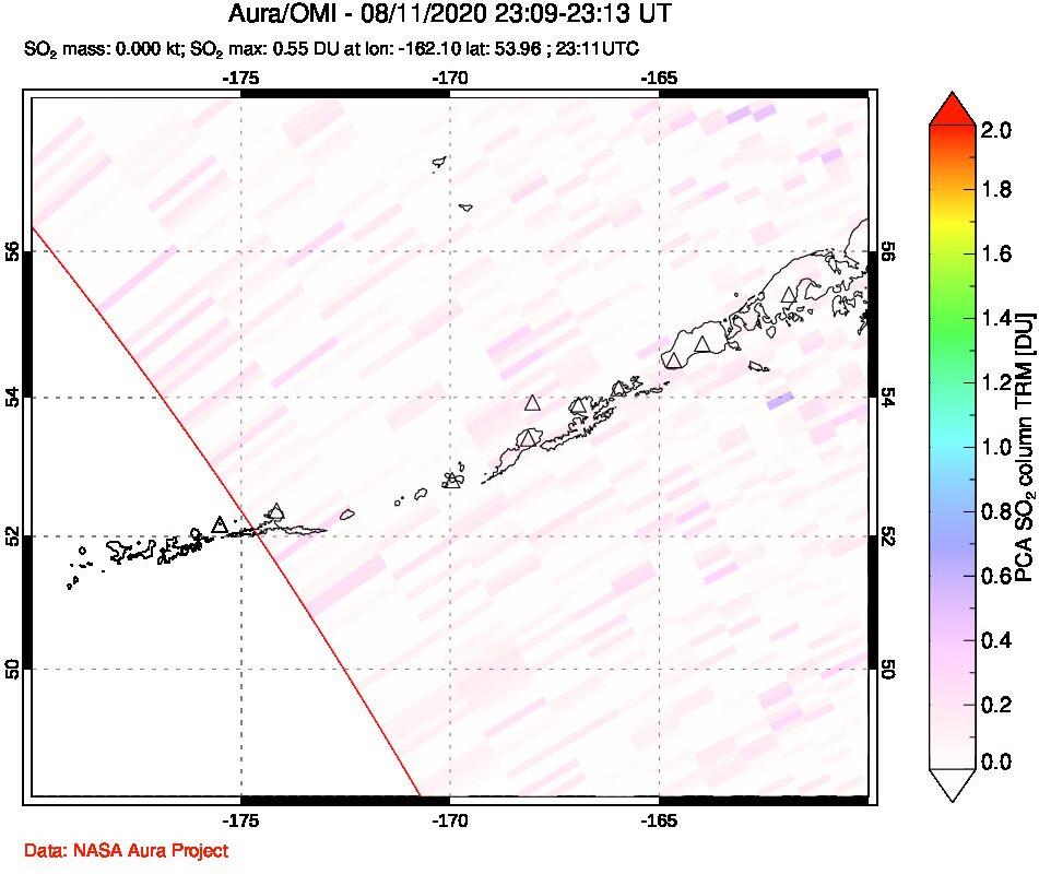 A sulfur dioxide image over Aleutian Islands, Alaska, USA on Aug 11, 2020.