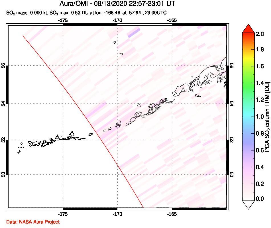A sulfur dioxide image over Aleutian Islands, Alaska, USA on Aug 13, 2020.