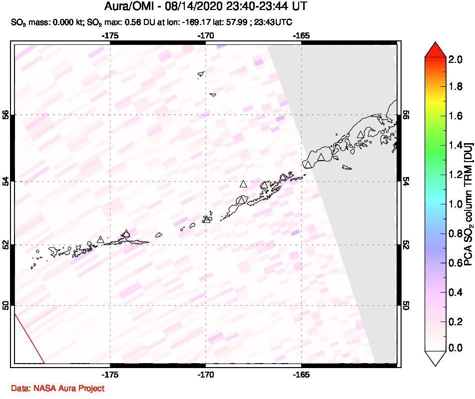 A sulfur dioxide image over Aleutian Islands, Alaska, USA on Aug 14, 2020.