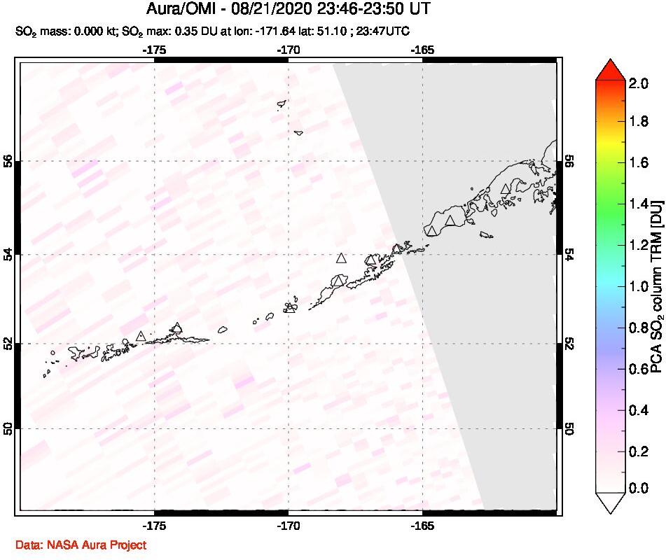 A sulfur dioxide image over Aleutian Islands, Alaska, USA on Aug 21, 2020.