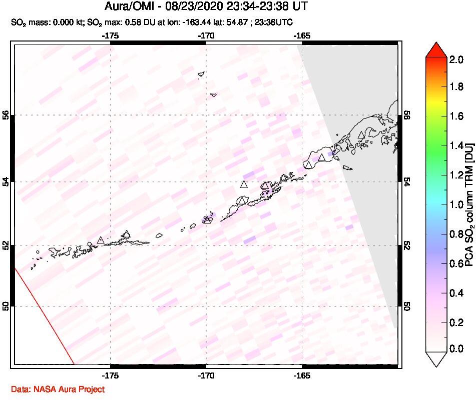 A sulfur dioxide image over Aleutian Islands, Alaska, USA on Aug 23, 2020.