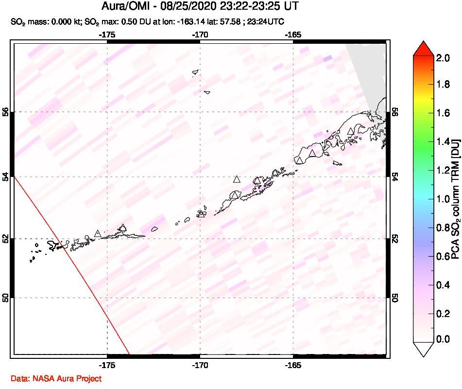 A sulfur dioxide image over Aleutian Islands, Alaska, USA on Aug 25, 2020.