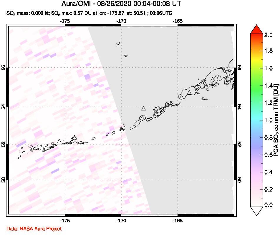 A sulfur dioxide image over Aleutian Islands, Alaska, USA on Aug 26, 2020.