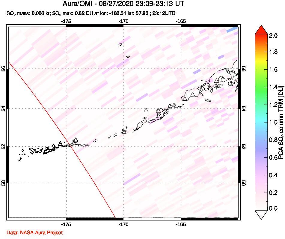 A sulfur dioxide image over Aleutian Islands, Alaska, USA on Aug 27, 2020.