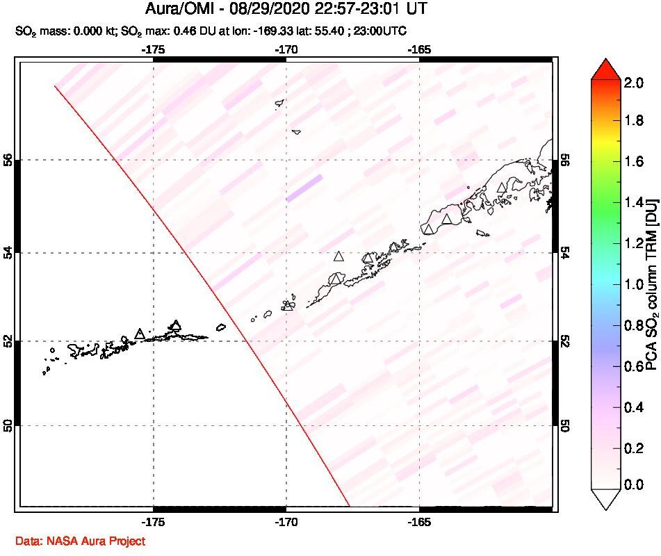 A sulfur dioxide image over Aleutian Islands, Alaska, USA on Aug 29, 2020.