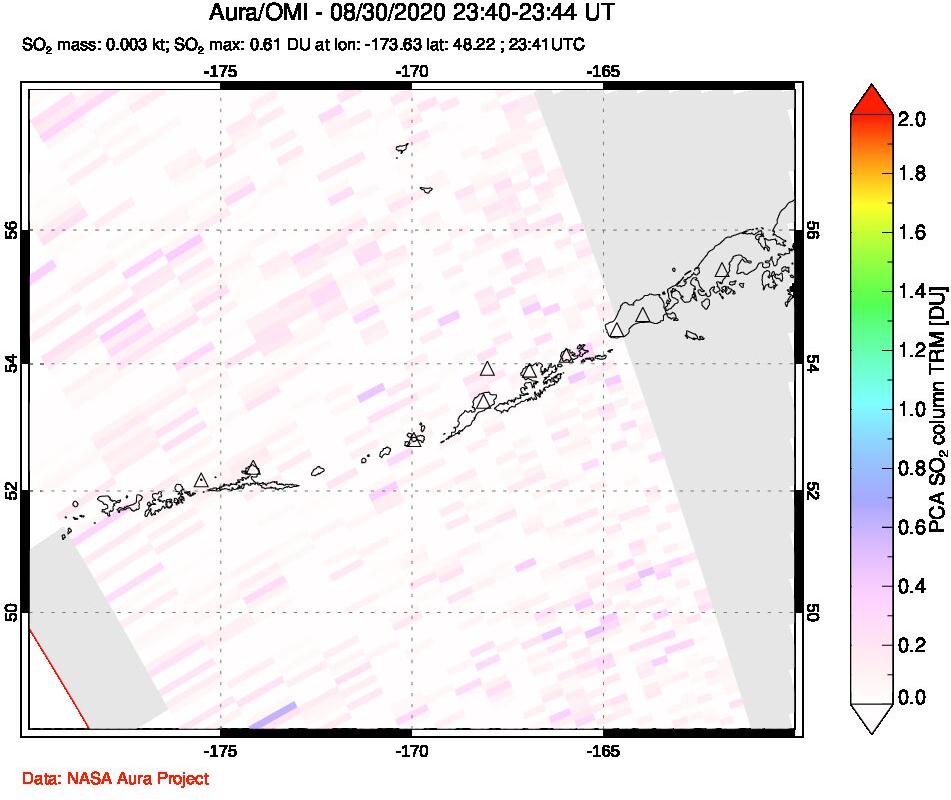 A sulfur dioxide image over Aleutian Islands, Alaska, USA on Aug 30, 2020.