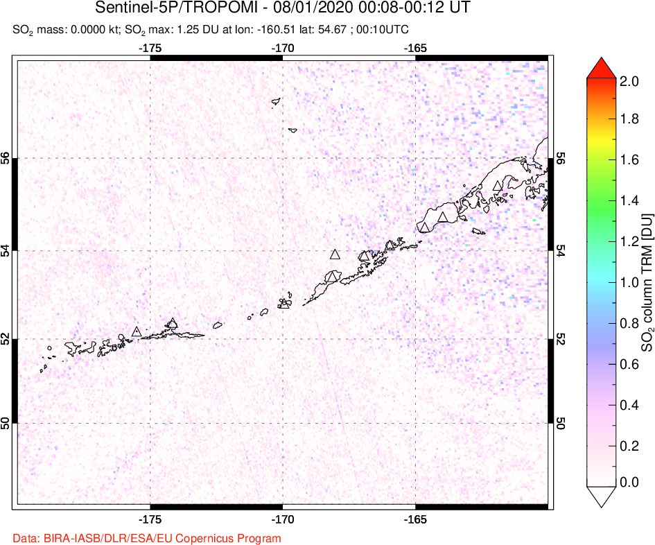 A sulfur dioxide image over Aleutian Islands, Alaska, USA on Aug 01, 2020.