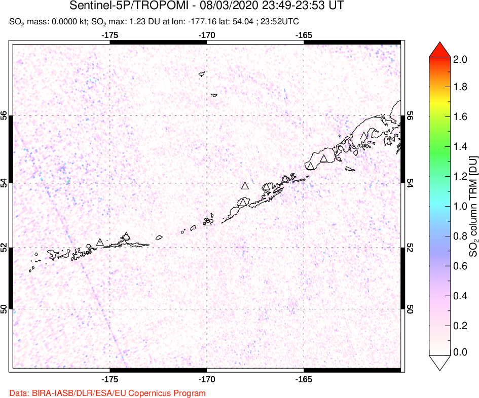 A sulfur dioxide image over Aleutian Islands, Alaska, USA on Aug 03, 2020.