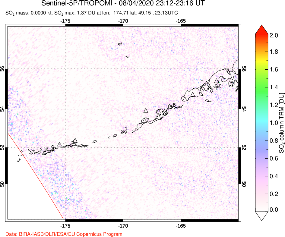 A sulfur dioxide image over Aleutian Islands, Alaska, USA on Aug 04, 2020.