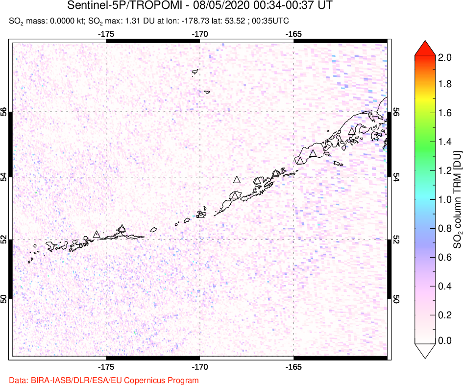 A sulfur dioxide image over Aleutian Islands, Alaska, USA on Aug 05, 2020.
