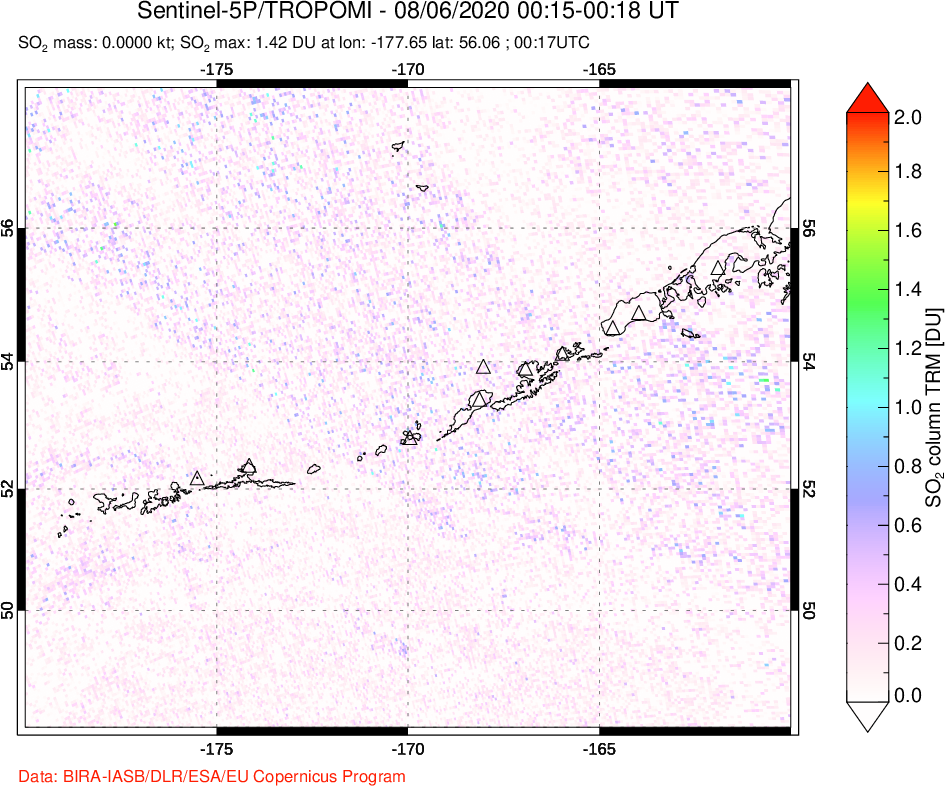A sulfur dioxide image over Aleutian Islands, Alaska, USA on Aug 06, 2020.