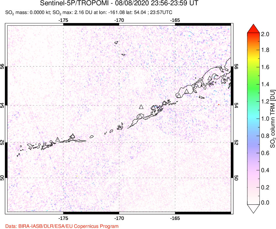 A sulfur dioxide image over Aleutian Islands, Alaska, USA on Aug 08, 2020.