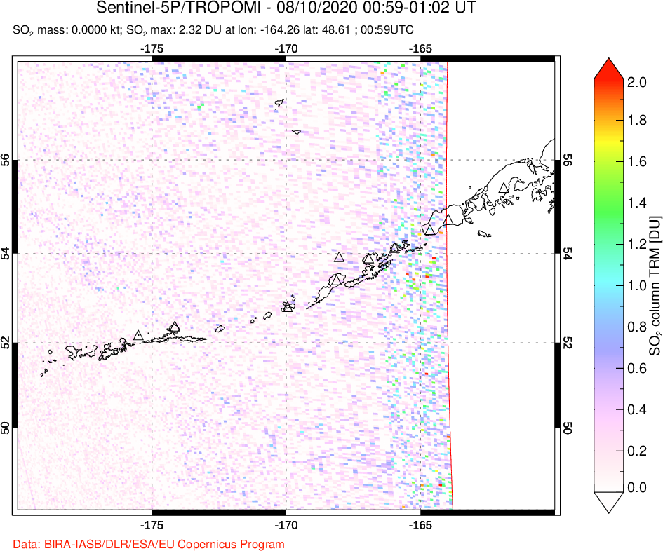 A sulfur dioxide image over Aleutian Islands, Alaska, USA on Aug 10, 2020.