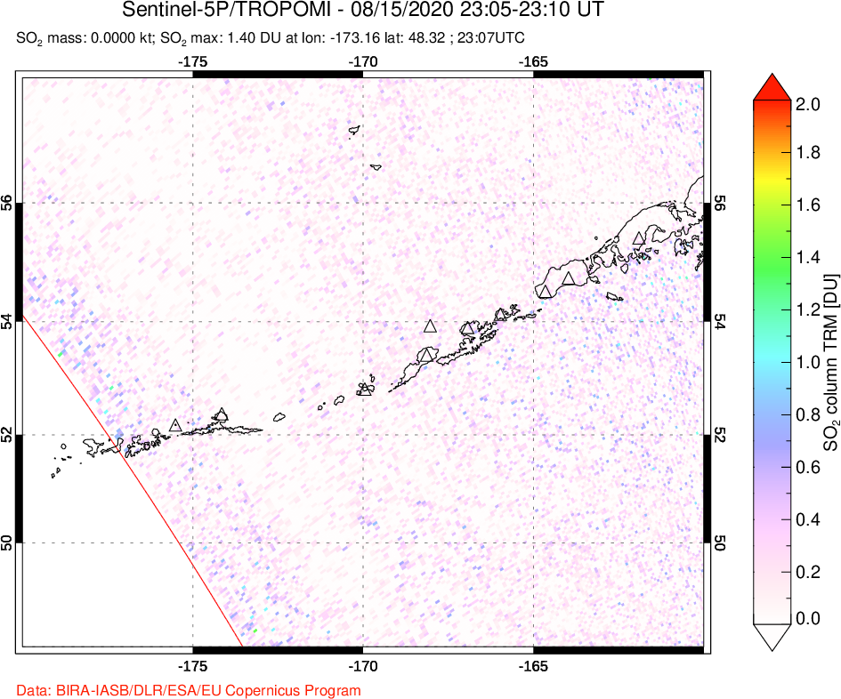 A sulfur dioxide image over Aleutian Islands, Alaska, USA on Aug 15, 2020.