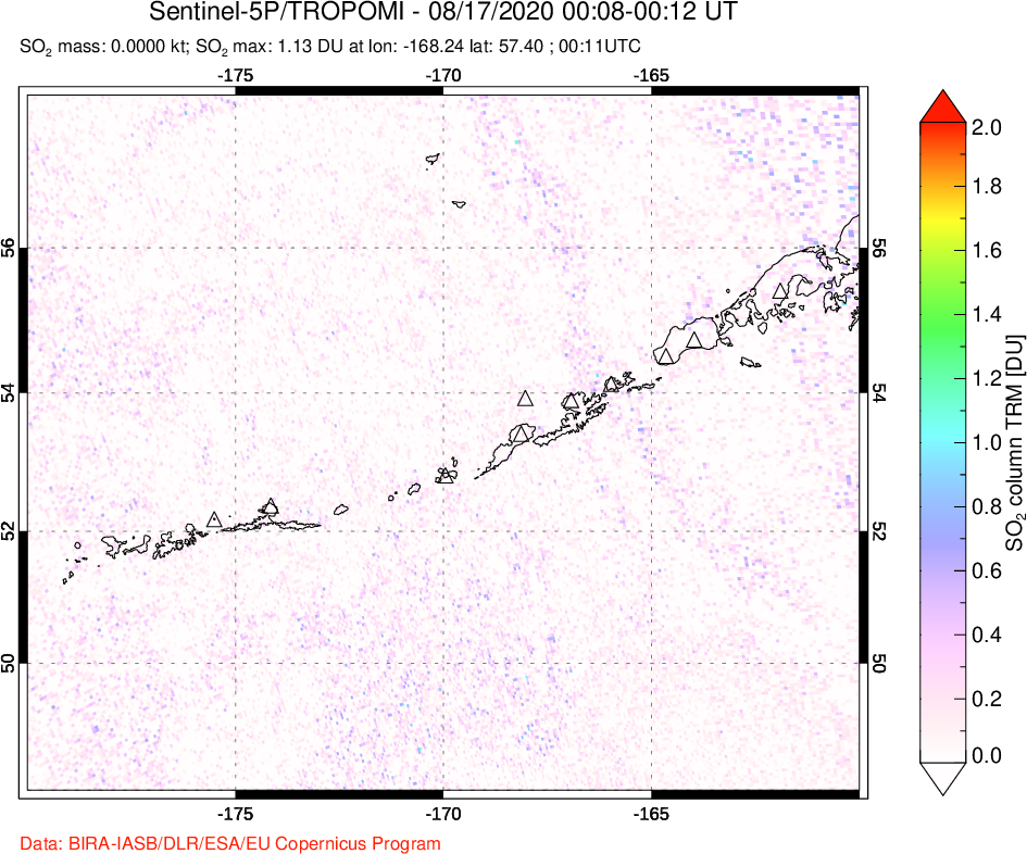 A sulfur dioxide image over Aleutian Islands, Alaska, USA on Aug 17, 2020.