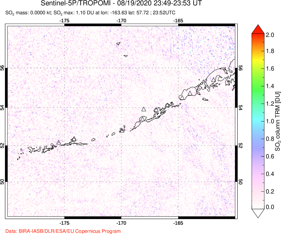 A sulfur dioxide image over Aleutian Islands, Alaska, USA on Aug 19, 2020.