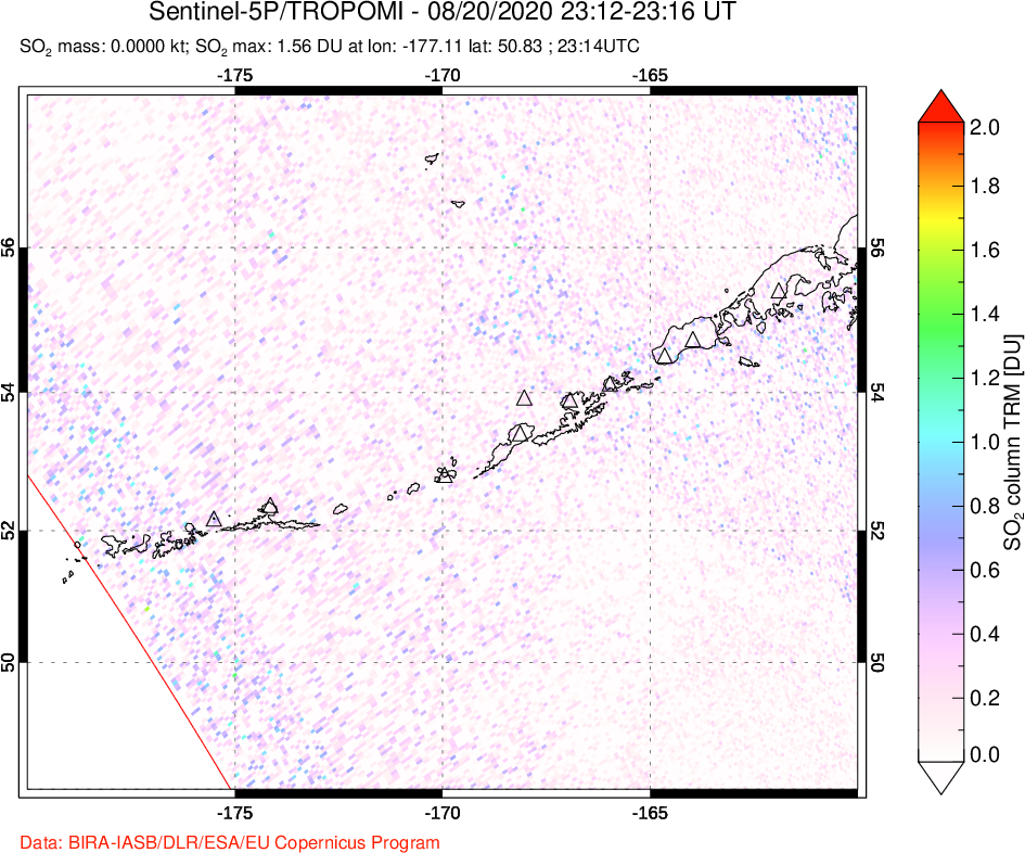 A sulfur dioxide image over Aleutian Islands, Alaska, USA on Aug 20, 2020.
