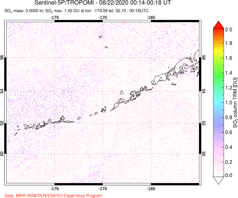 A sulfur dioxide image over Aleutian Islands, Alaska, USA on Aug 22, 2020.