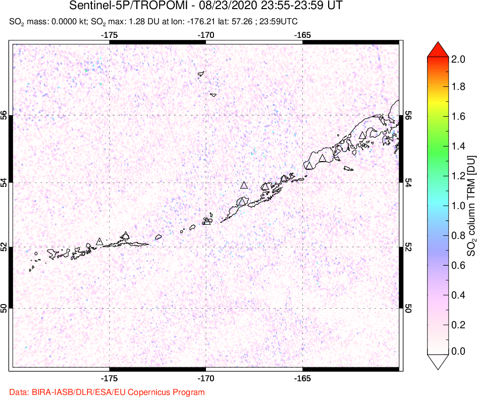 A sulfur dioxide image over Aleutian Islands, Alaska, USA on Aug 23, 2020.