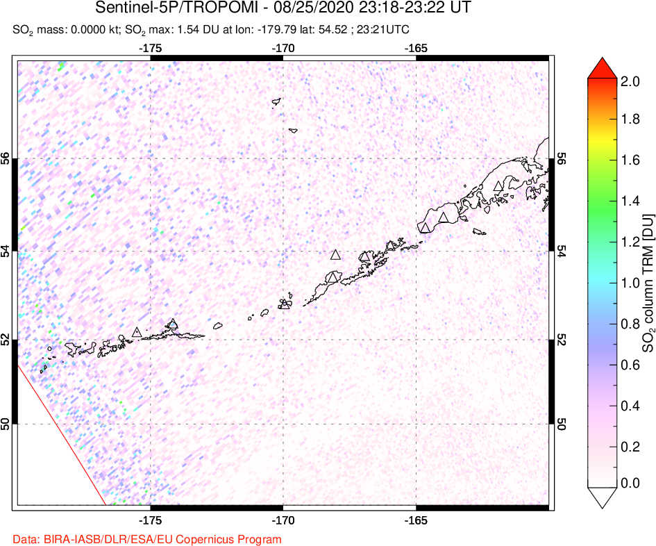A sulfur dioxide image over Aleutian Islands, Alaska, USA on Aug 25, 2020.
