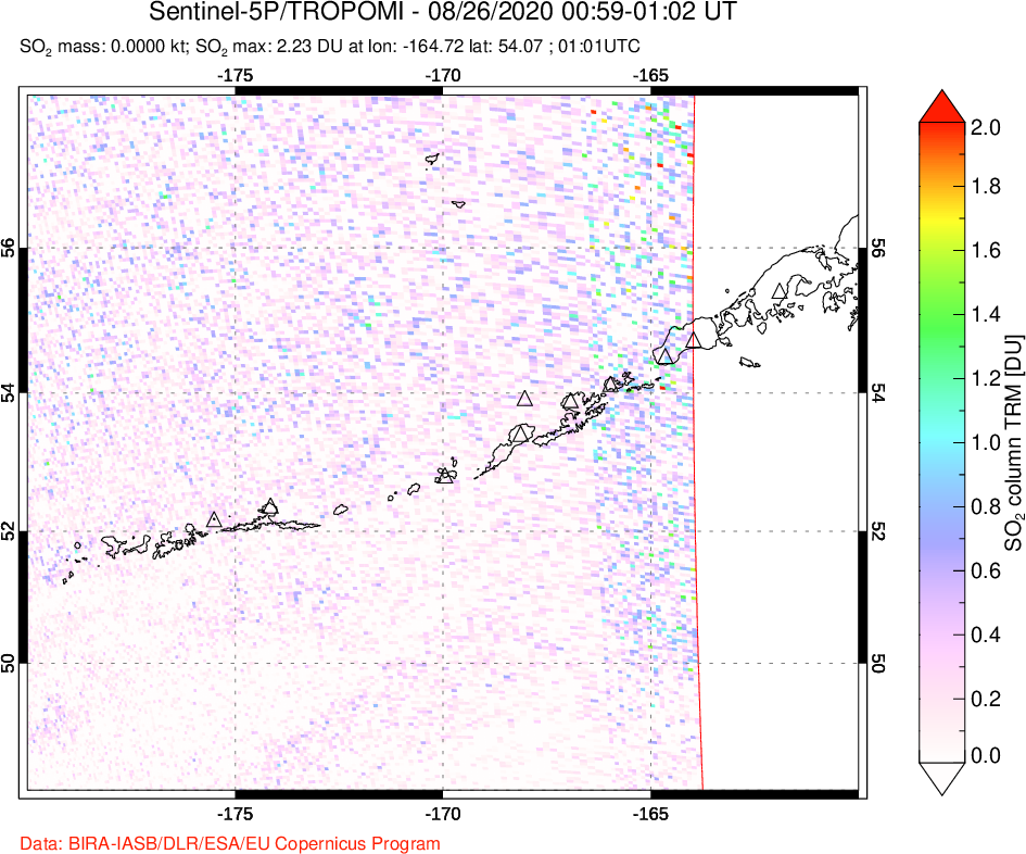 A sulfur dioxide image over Aleutian Islands, Alaska, USA on Aug 26, 2020.