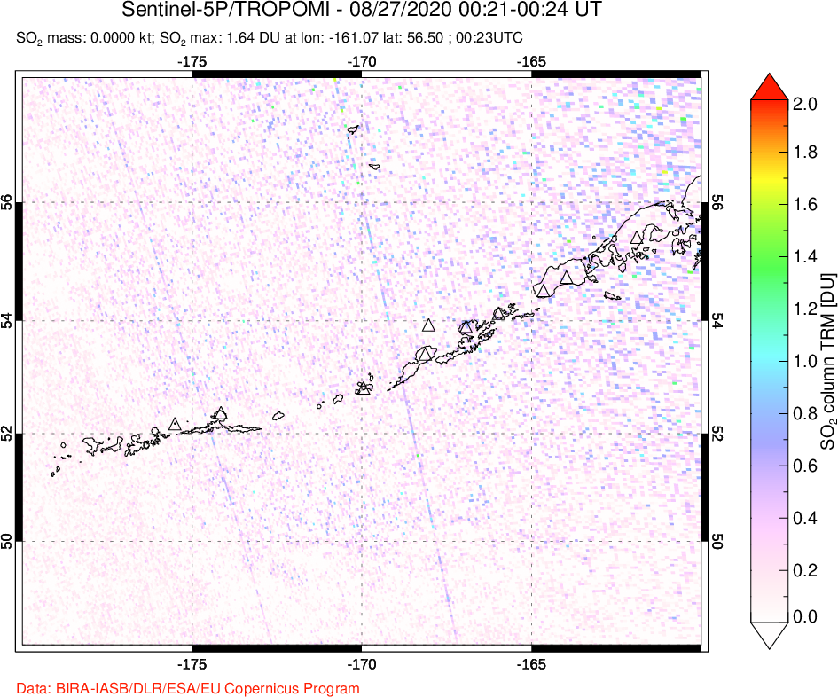 A sulfur dioxide image over Aleutian Islands, Alaska, USA on Aug 27, 2020.