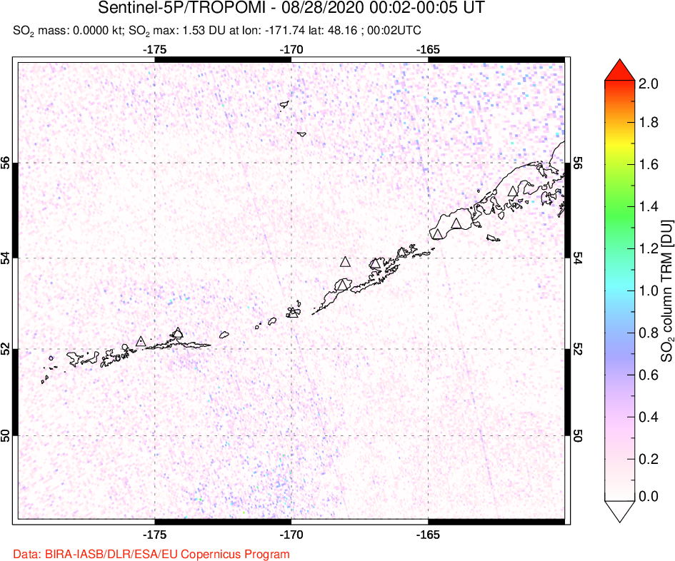 A sulfur dioxide image over Aleutian Islands, Alaska, USA on Aug 28, 2020.
