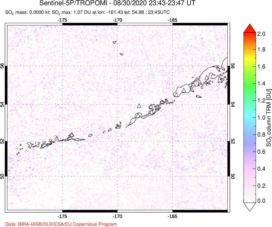 A sulfur dioxide image over Aleutian Islands, Alaska, USA on Aug 30, 2020.