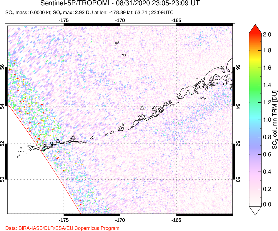 A sulfur dioxide image over Aleutian Islands, Alaska, USA on Aug 31, 2020.