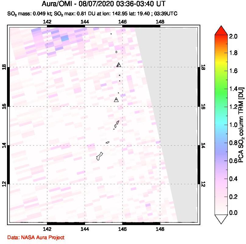 A sulfur dioxide image over Anatahan, Mariana Islands on Aug 07, 2020.