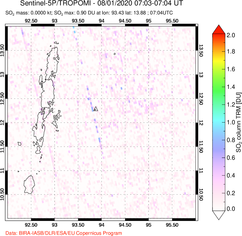A sulfur dioxide image over Andaman Islands, Indian Ocean on Aug 01, 2020.