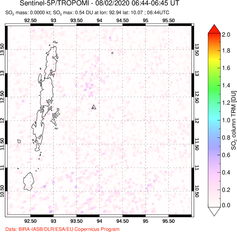 A sulfur dioxide image over Andaman Islands, Indian Ocean on Aug 02, 2020.
